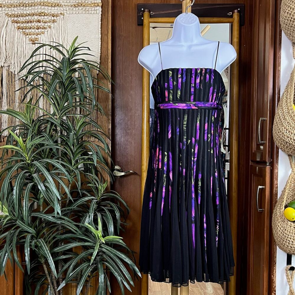 JS Collections Cocktail Dress 6 Black Pleated Chiffon Fit Flare Stripe Party Y2K